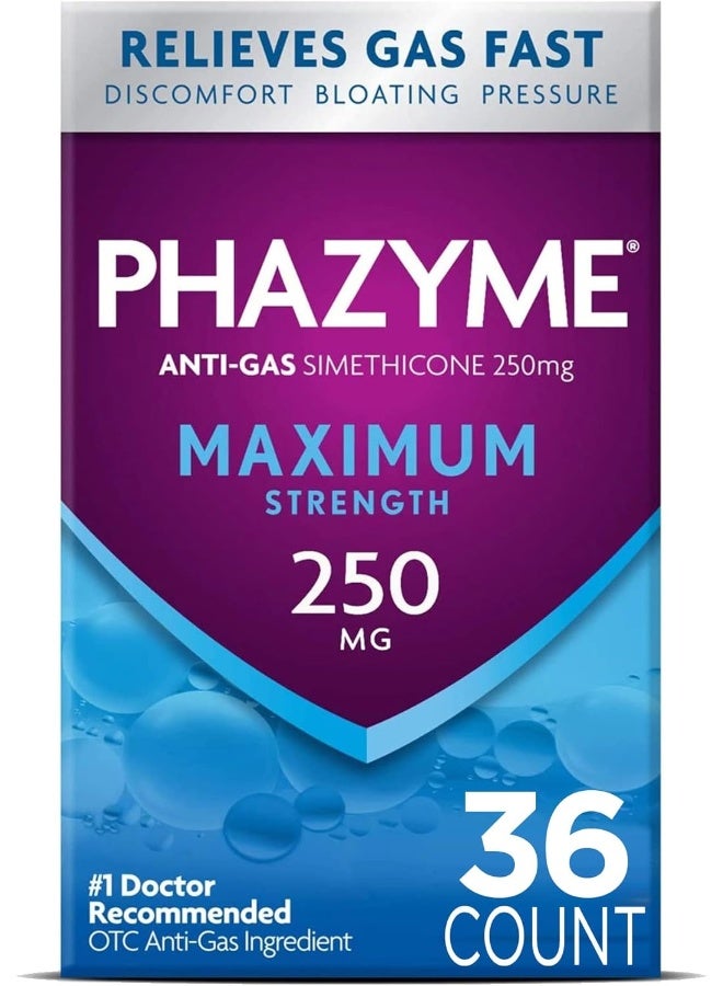 Phazyme Maximum Strength Gas and Bloating Relief, 250 mg Simethicone, 36 Fast Gels - Image 1